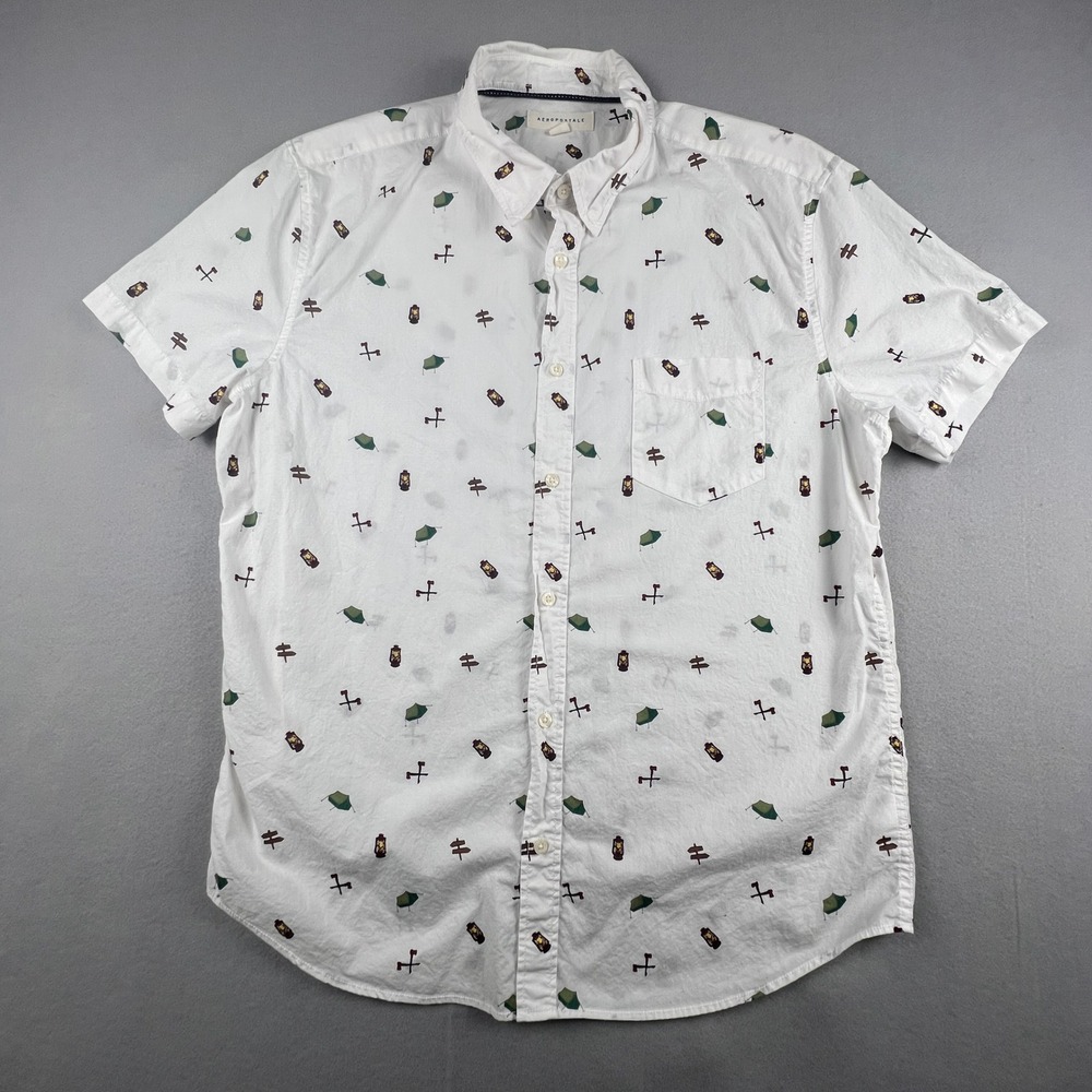 Aeropostale Button Down Shirt Mens XL White Camping Print Cotton Short Sleeve